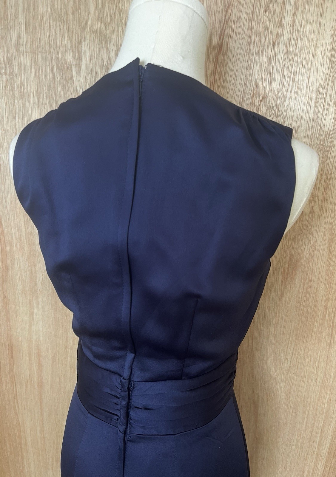 H&M Navy Solid Satin Sheath Dress Sleeveless V-Neck Pleated Size 4 Cocktail