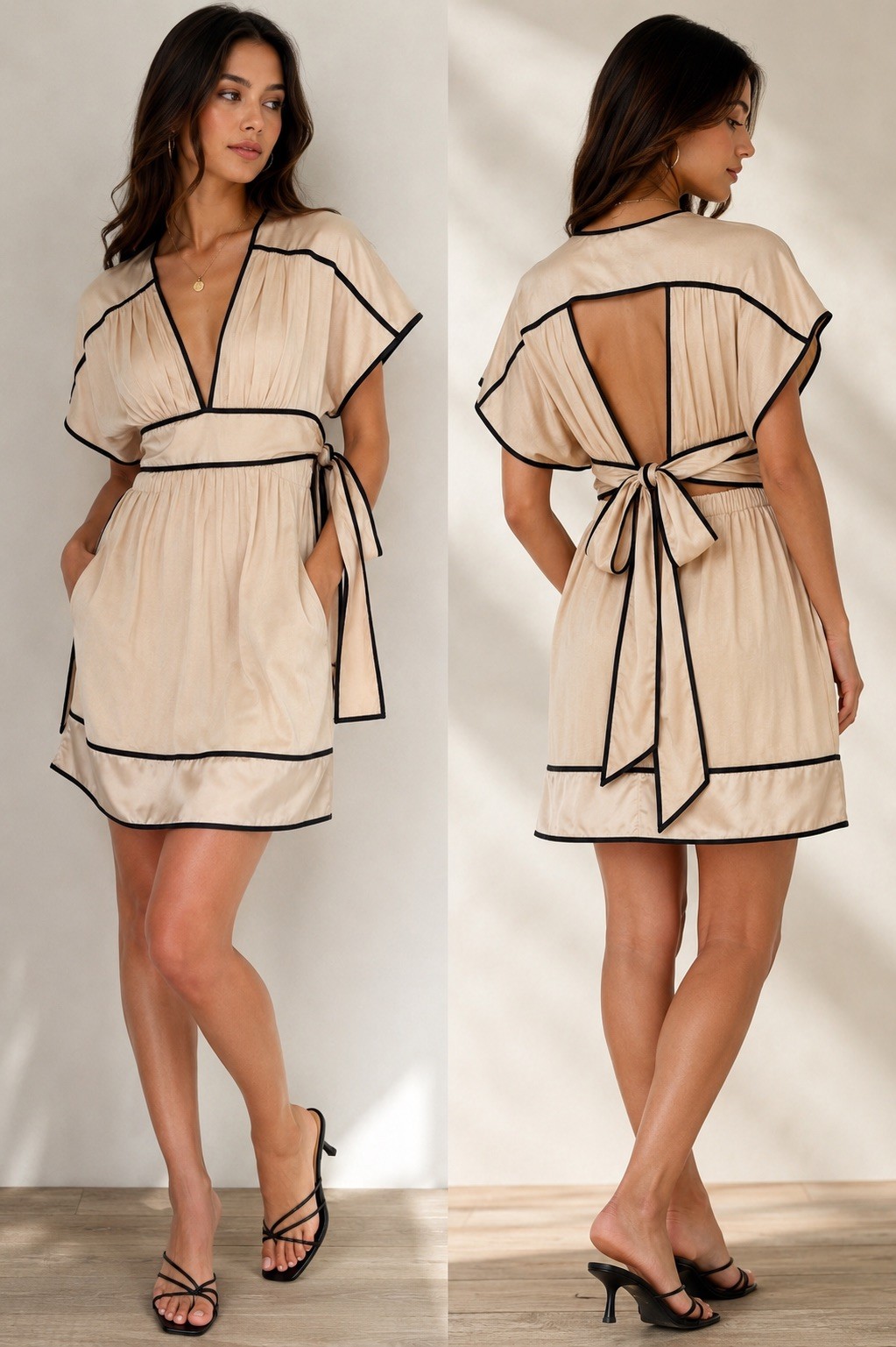 Urban Behavior Champagne Open Back Tie Dress | Contrast Trim | Size M