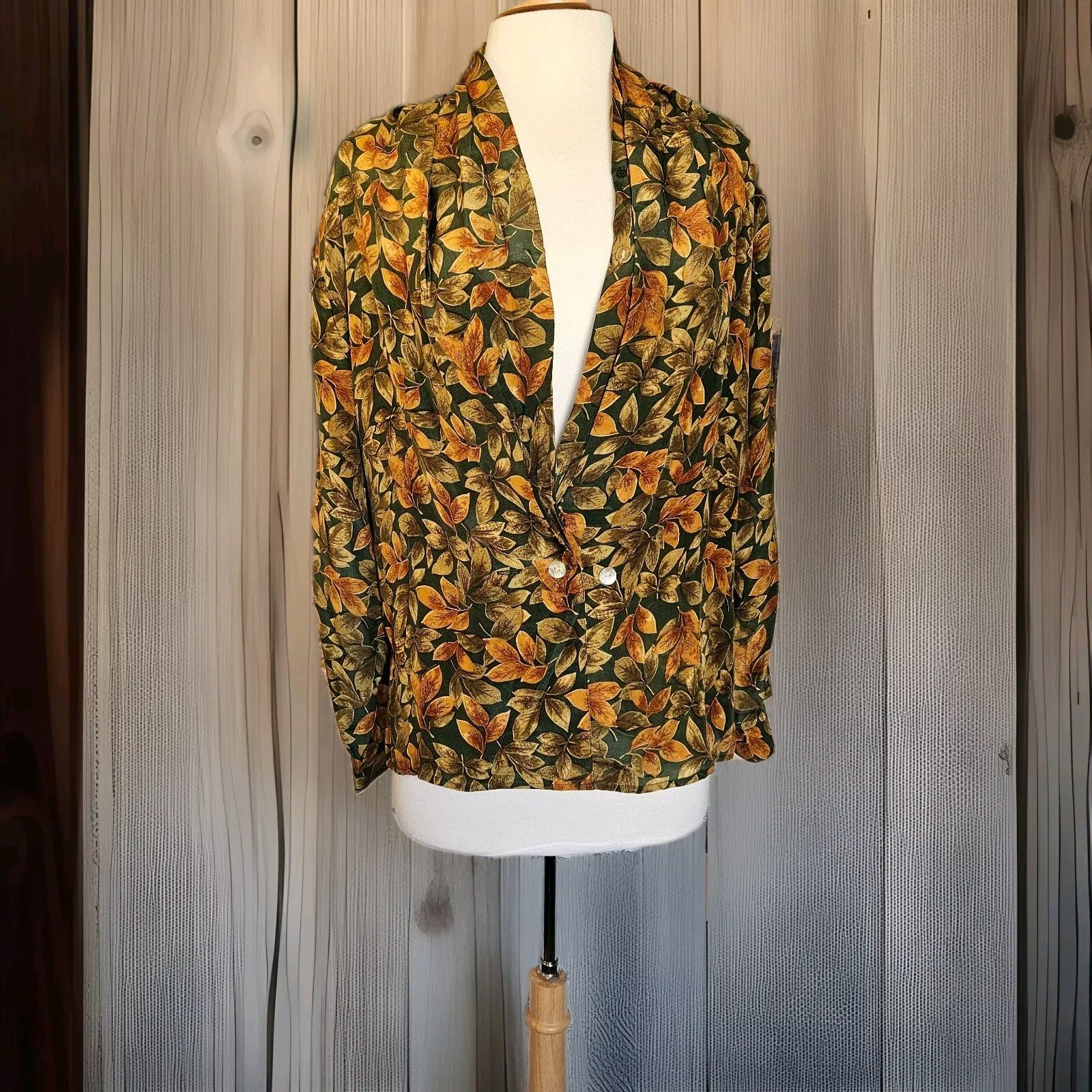 Quo 100% Silk Blazer Jacket Womens Large Boho Floral Leaf Print Lightweight