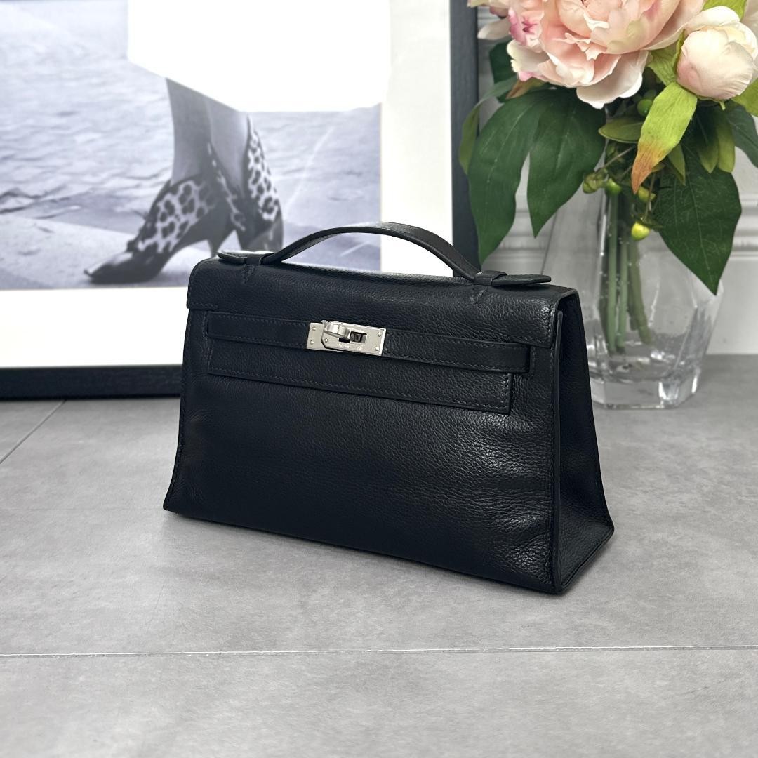 Hermes Pochette Kelly Evergrain Black SV Hardware 150888