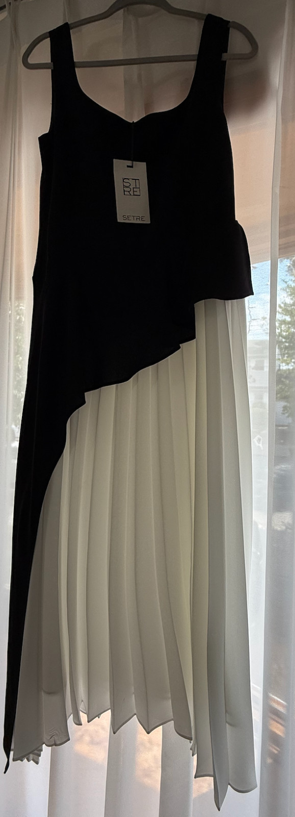 Black & White Asymmetrical Dress Pleated Skirt Sleeveless Elegant Midi Dress