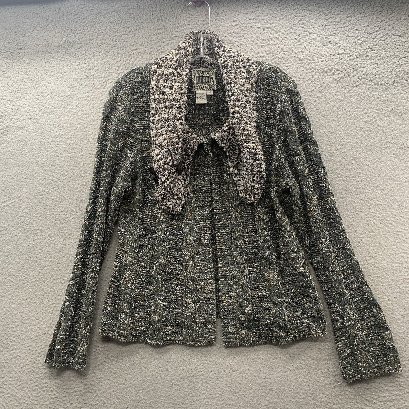 Curio Vintage Textured Knit Acrylic Blend Cardigan Sweater Gray Womens Size M