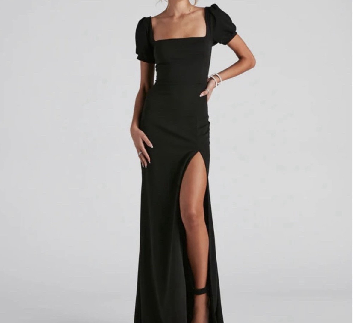 Windsor Denali Formal Puff Sleeve Lace Up Back Gown High Slit XS