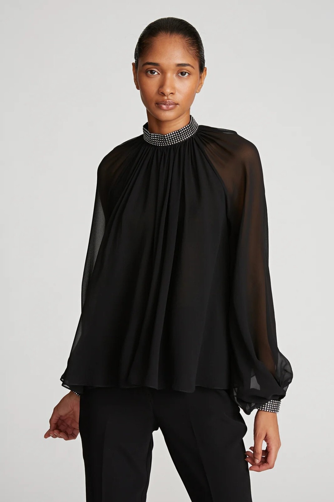Vine and Love Embellished Chiffon Long Sleeve Blouse Size Large Rhinestone Black