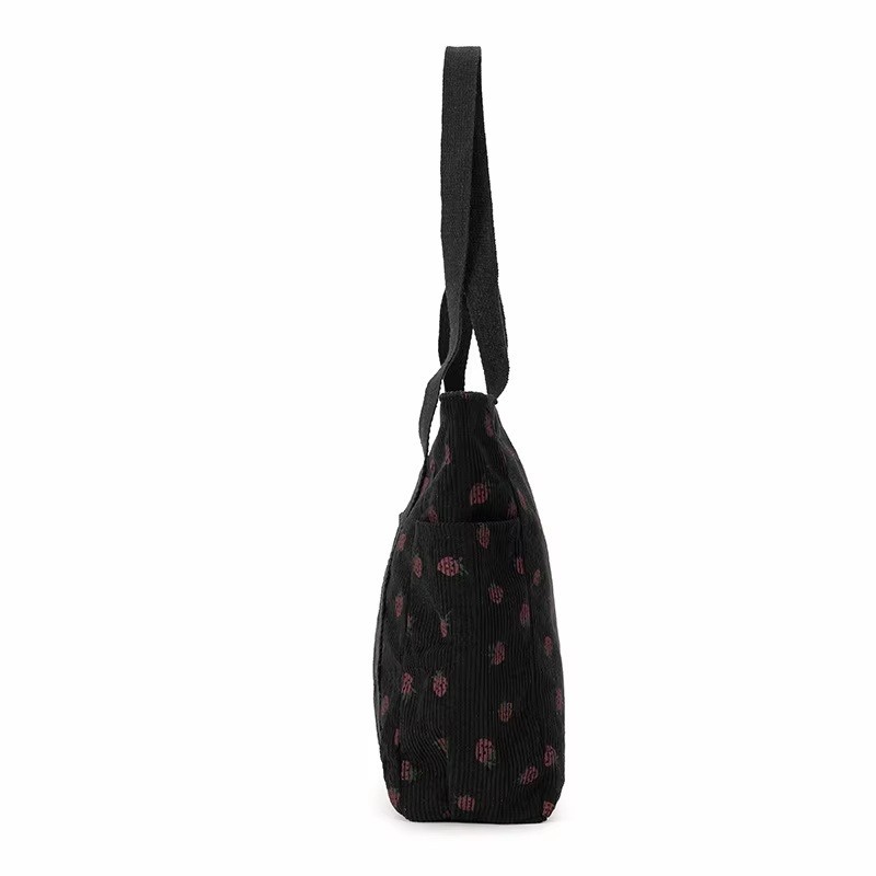 CUTE STRAWBERRY CORDUROY LARGE SHOULDER TOTE BAG WITH ZIPPER FRONT BUTTON POCKET