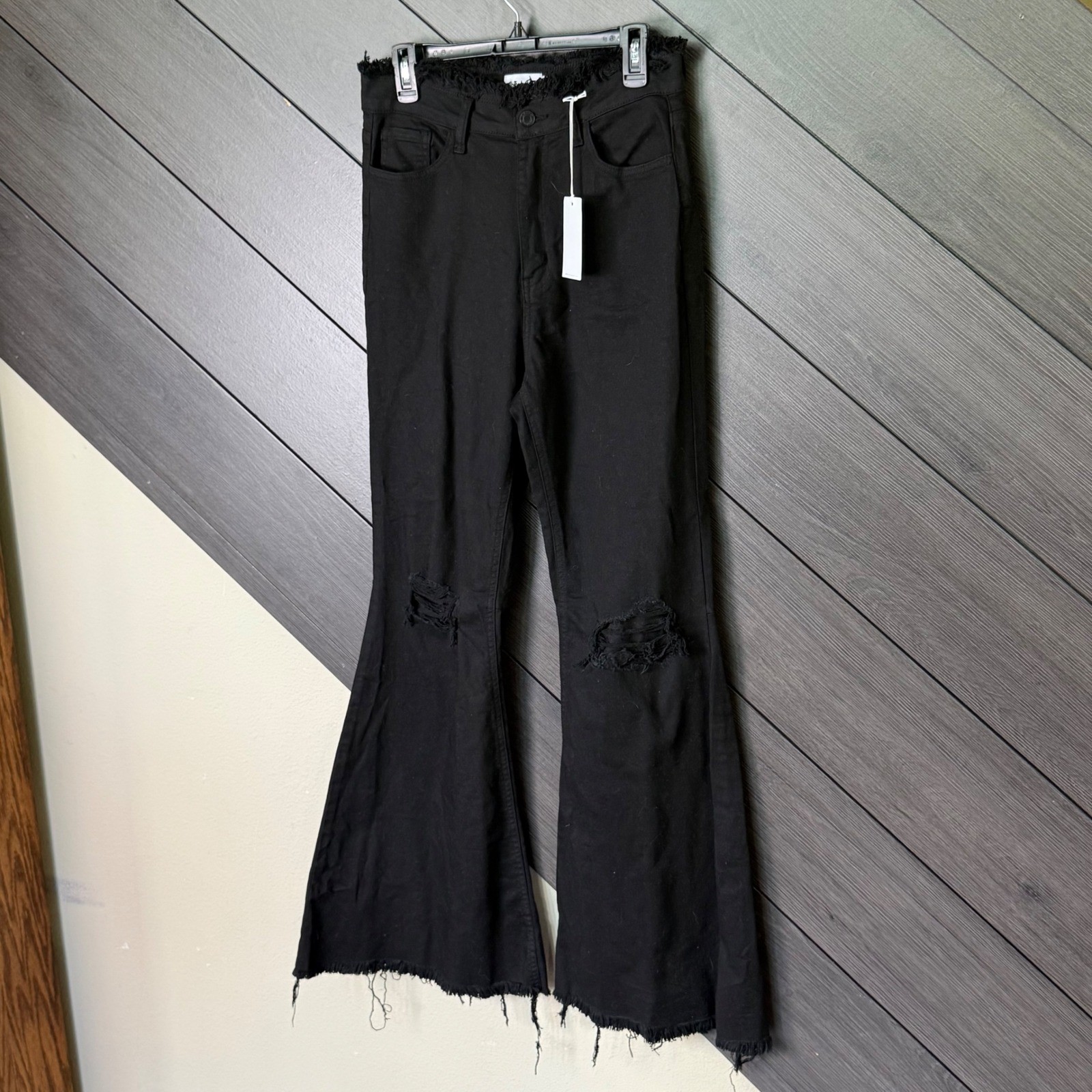 Cello Women High Rise Skinny Flare Distressed Raw Hem Black Jeans 11 NWT Grunge