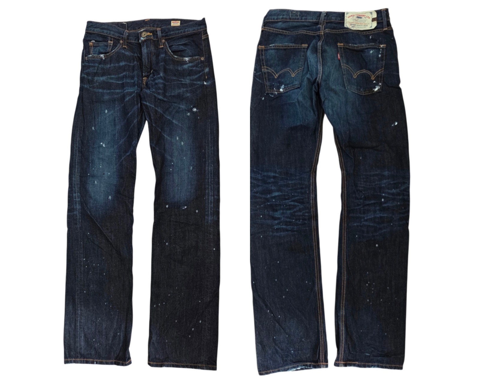 Edwin Japanese Dark Wash Denim Jeans Paint Splatter Mens 31×34 Rugged Grunge