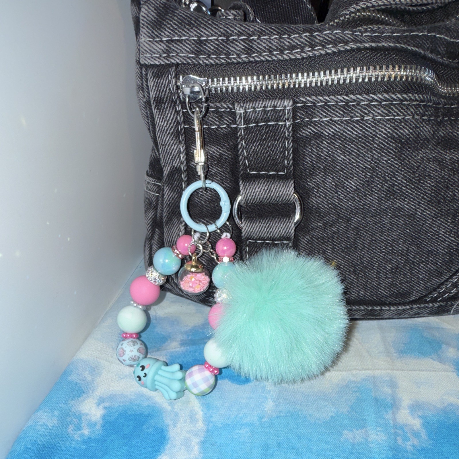 Blue/Pink/White Cute Octopus Beaded Wristlet Key Chain/Bag Charm w/Pom Pom