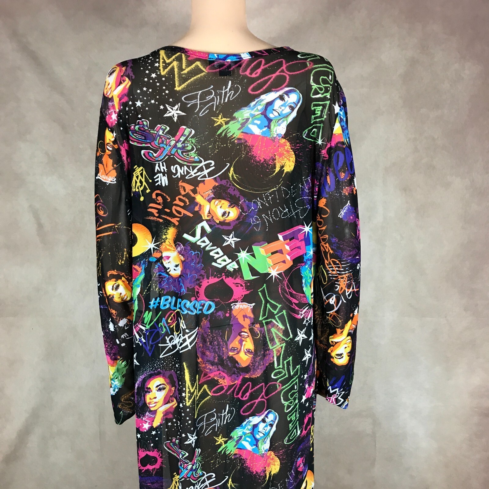 Graffiti Printed High Slit Sheer Mesh Maxi Dress 4X
