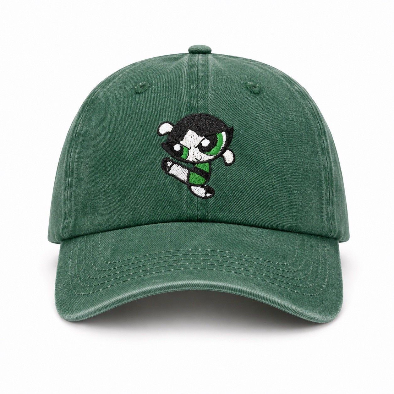 NEW Green Solid Baseball Cap Hat w/ Embroidere Cartoon Character, Power Puff
