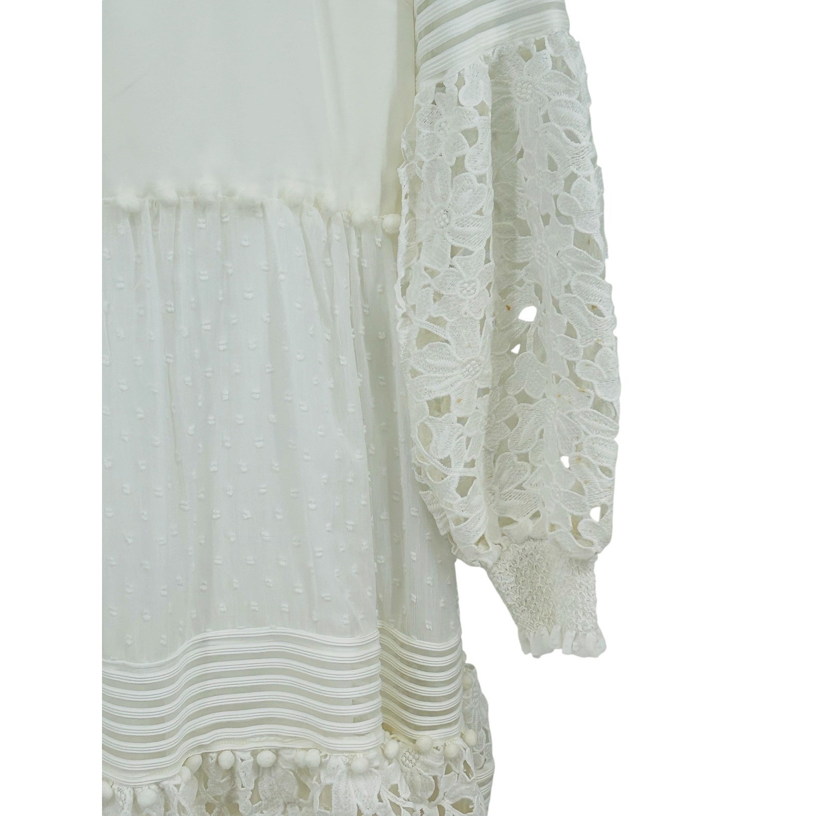 Hesperus White Lace Mini Dress Boho Pom Pom Swiss Dot Long Sleeve Size L