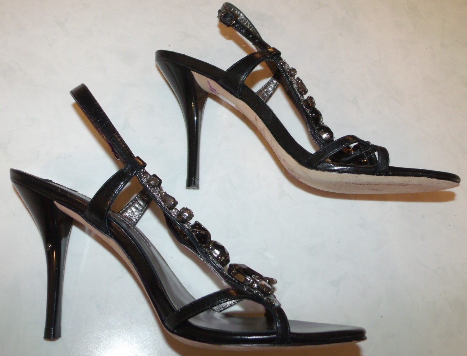 CHARLES DAViD black silver stone gem embellished strappy sandal hi heel dance 7