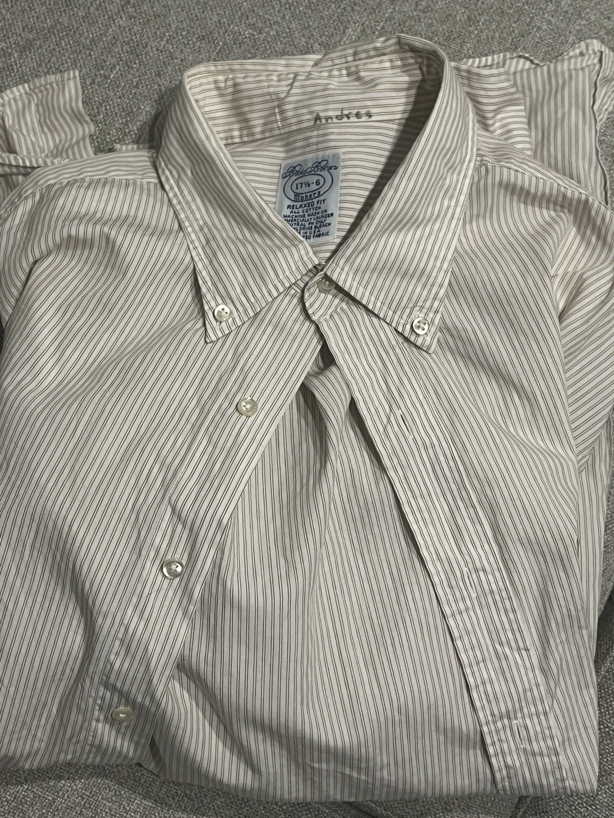 Vintage Brooks Brothers Makers MiUSA Shirt Mens 17 1/2 X 36 Brown Stripe Cotton