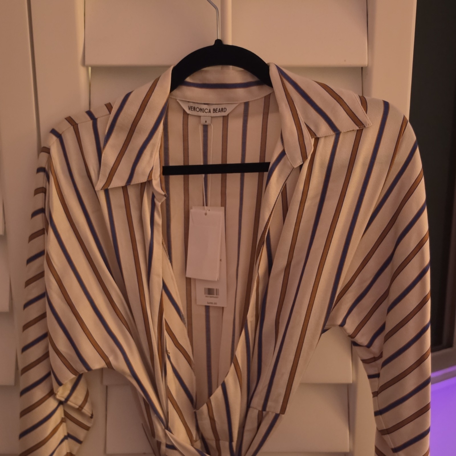 Veronica Beard Striped Silk Twill Shirt Maxi Dress Belted Collared Size 8
