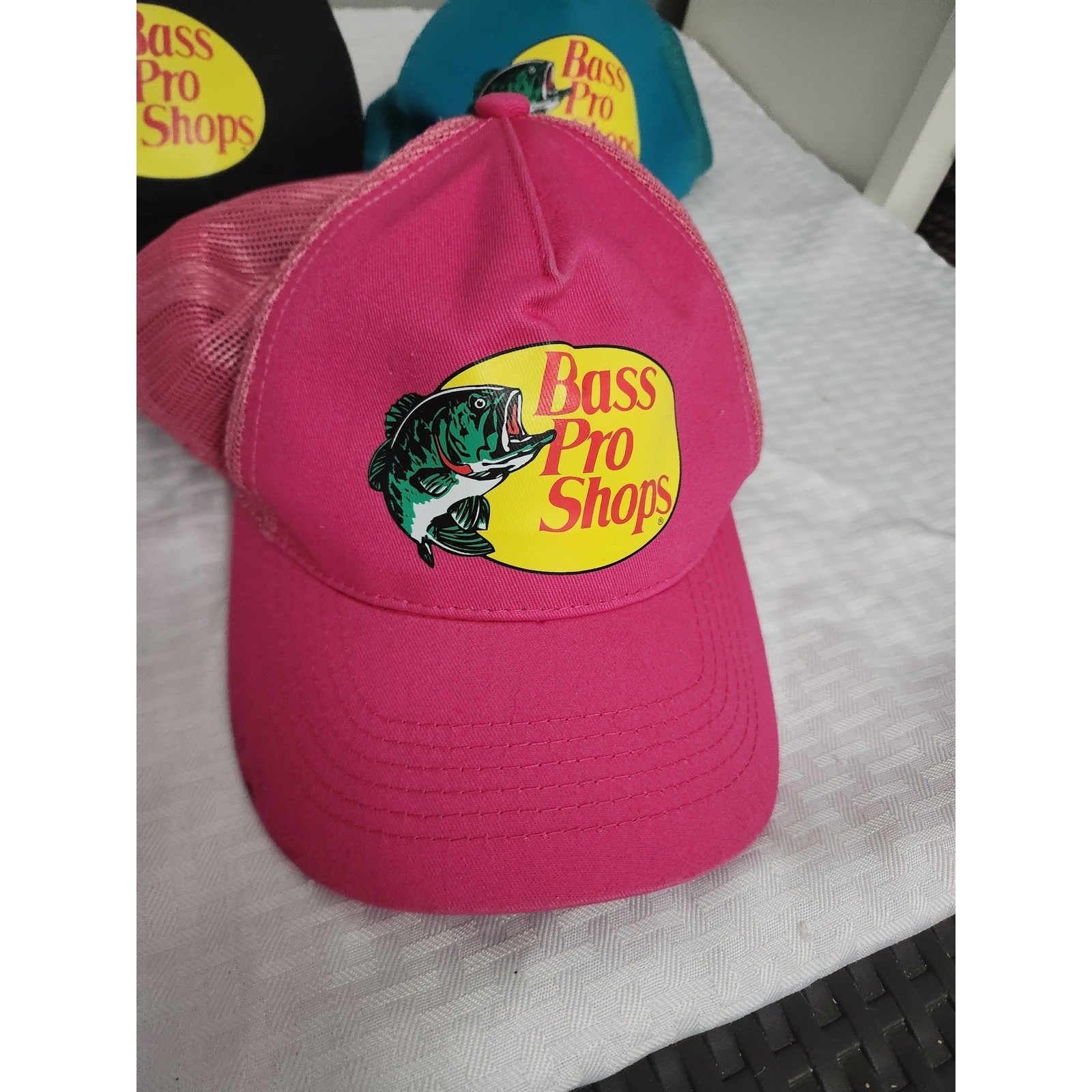 Bass Pro Shops Trucker Hat Bundle 3 Pack Black Pink Teal Mesh Snapback Caps