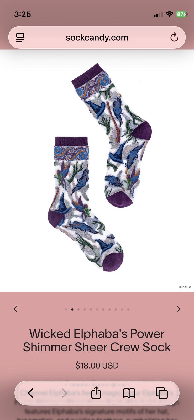 Wicked Elphaba’s Power Shimmer Sheer Crew Sock Brand Sock Candy Fits US W 5.5-10