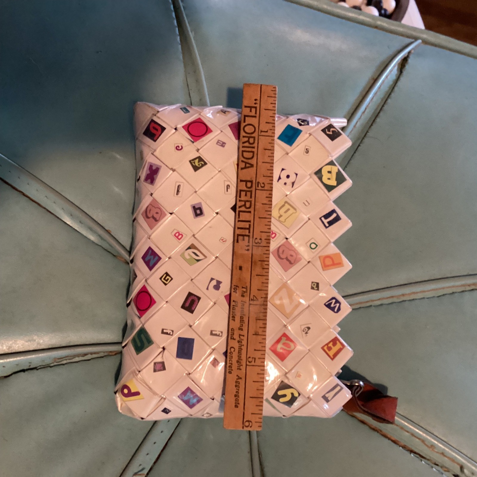 Nahui Ollin Woven Clutch Bag Upcycled Alphabet Tiles Unique Handmade