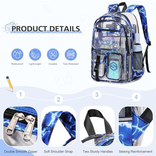 3PCS Cool Luminous Clear Backpack + Lunch Bag + Pencil Case Blue Lightning