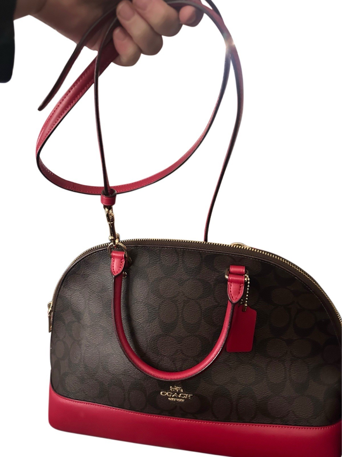 Coach Sierra Satchel Dome Bag Crossbody Bag Signature Brown Leather Red Trim