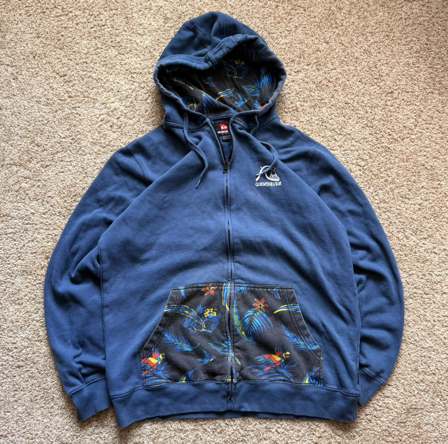Vintage Quiksilver Blue Full Zip Hoodie XL Tropical Floral, Hooded Pockets Logo