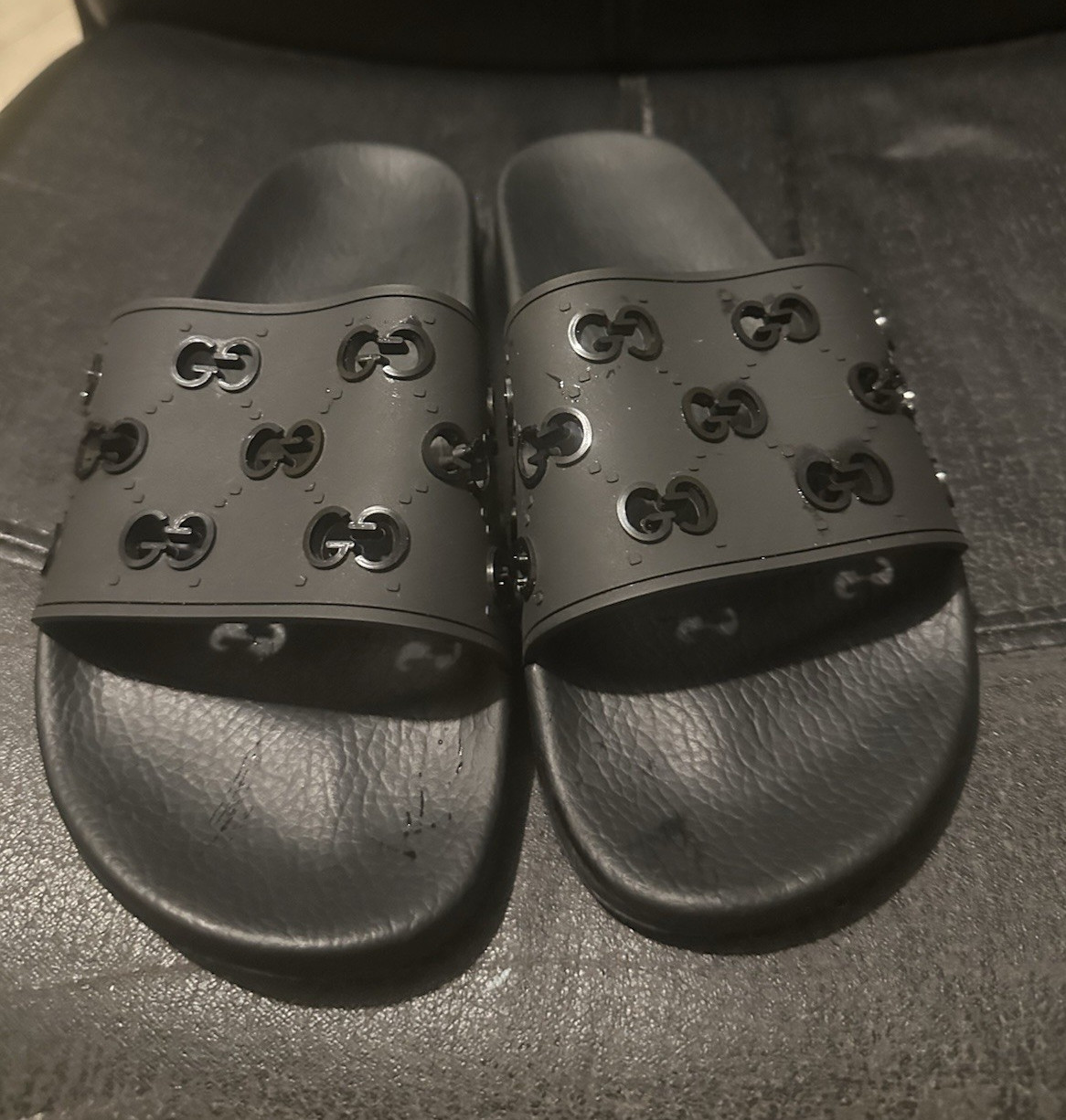 Gucci Black Rubber Slide Sandals Men Logo Slip-On US 9.5 Casual Summer