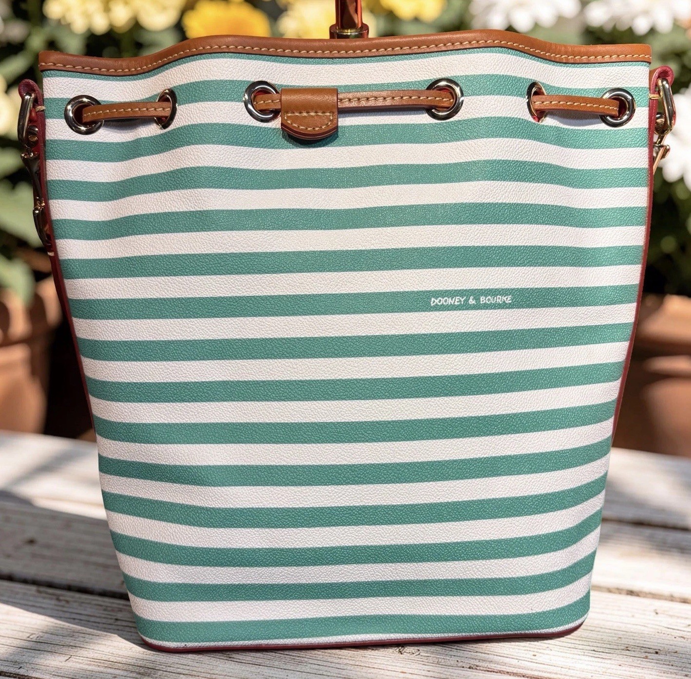 Dooney Bourke Sullivan Stripes Seafoam Spearmint Green Drawstring Bucket Bag