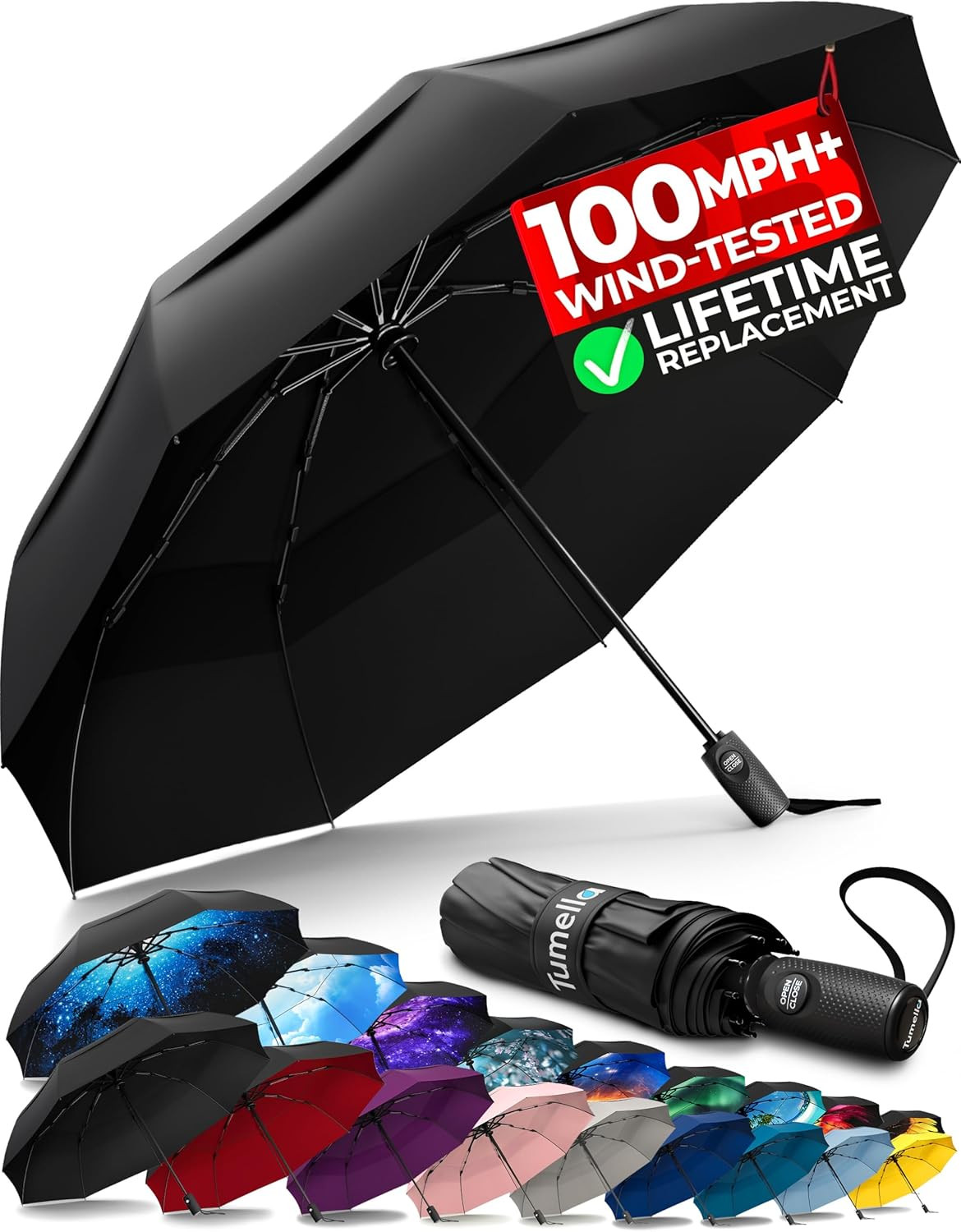 Strongest Windproof Travel Umbrella (Compact, 100MPH Wind-Tested), Light, Portab