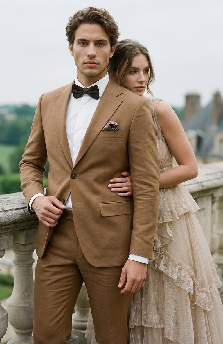 Brown Linen Men’s Suits Beach Notch Lapel Jacket Summer Casual Coat 2Pcs Blazer
