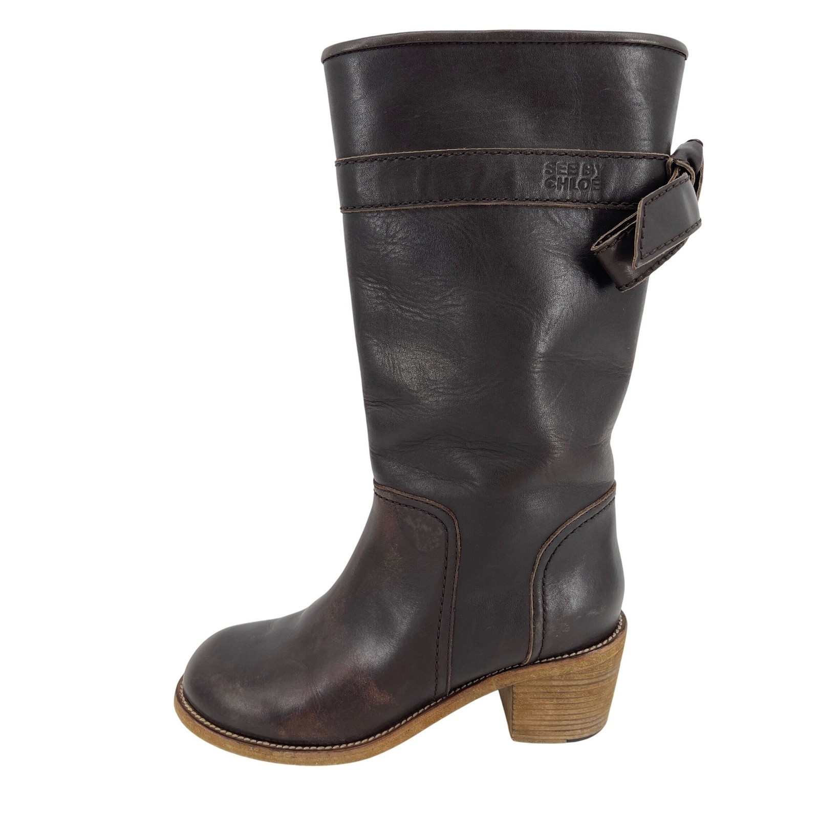 See by Chloe Tall Leather Boots Women 36 Dark Brown Good Bow Detail Block Heel