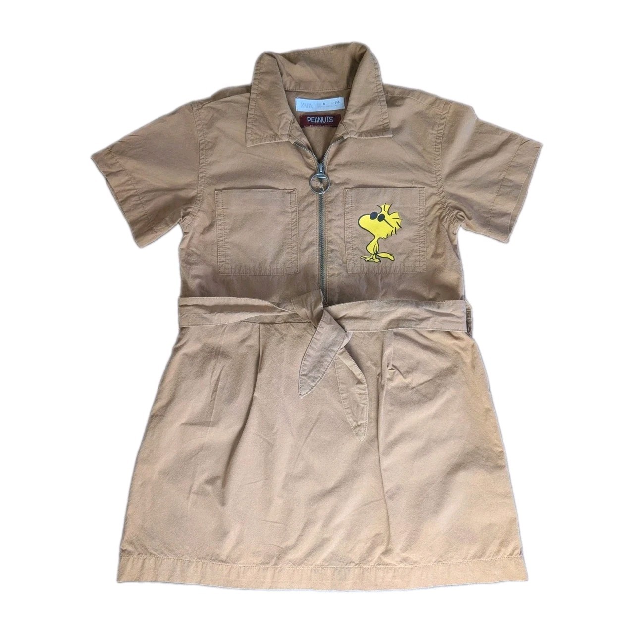 Zara Kids Peanuts Snoopy Woodstock Shirt Dress Size 6 116 Brown Belted Short…
