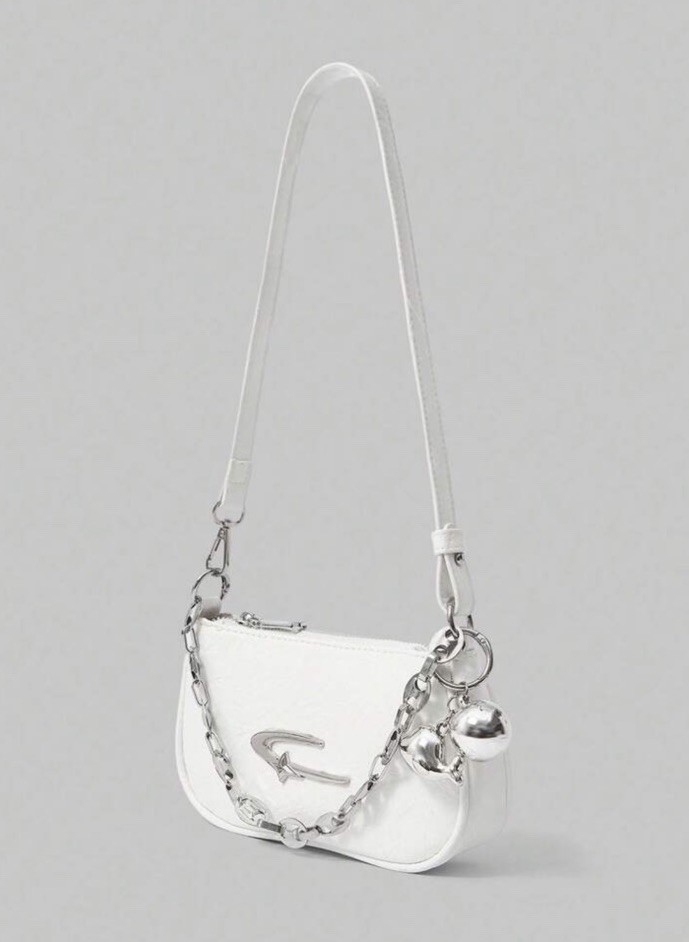 White Solid Crescent Shoulder Bag Purse Chain Strap Silver Charm Logo Zip Detach