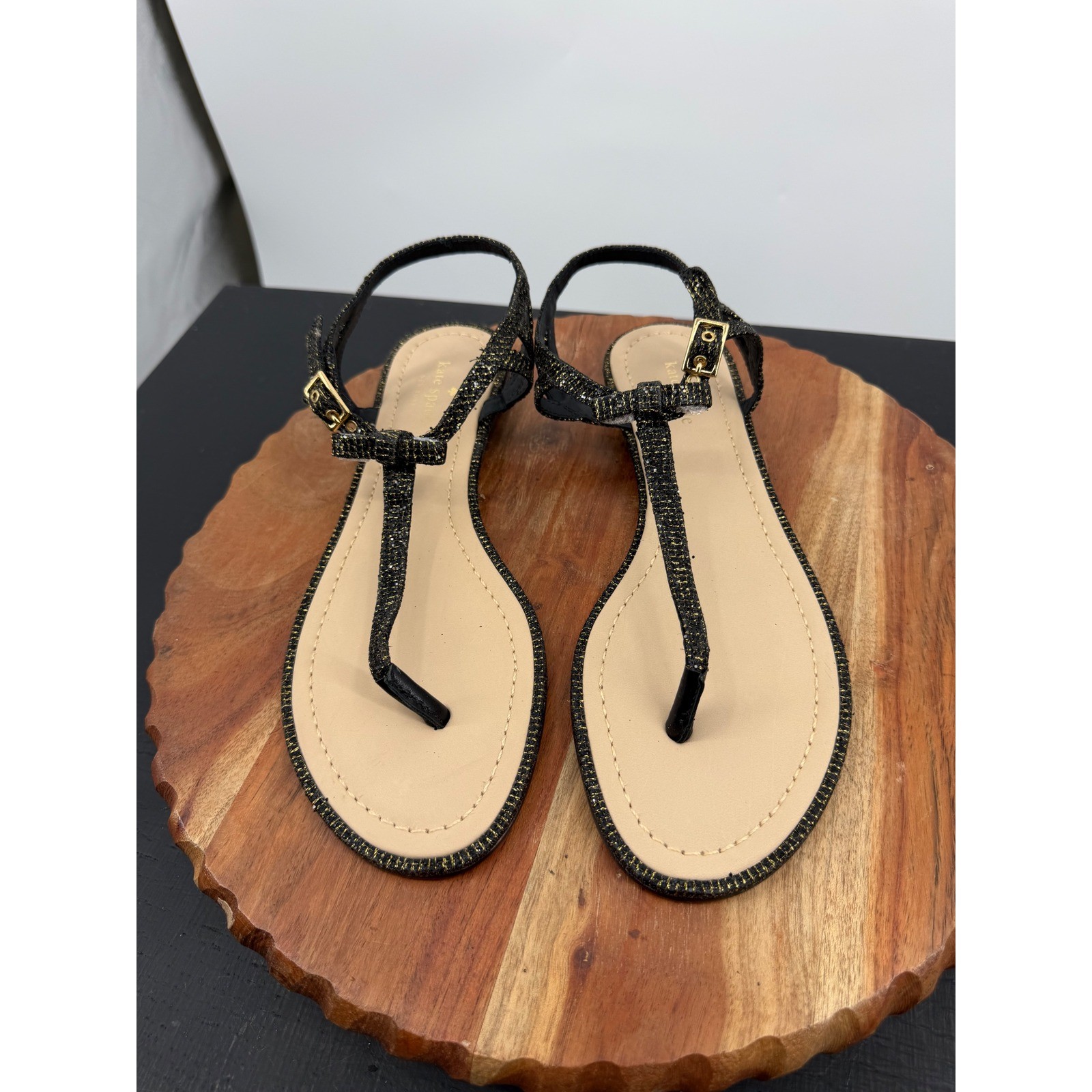 Kate Spade New York T-Strap Sandals Women 10M Black Gold Metallic Bow Flat