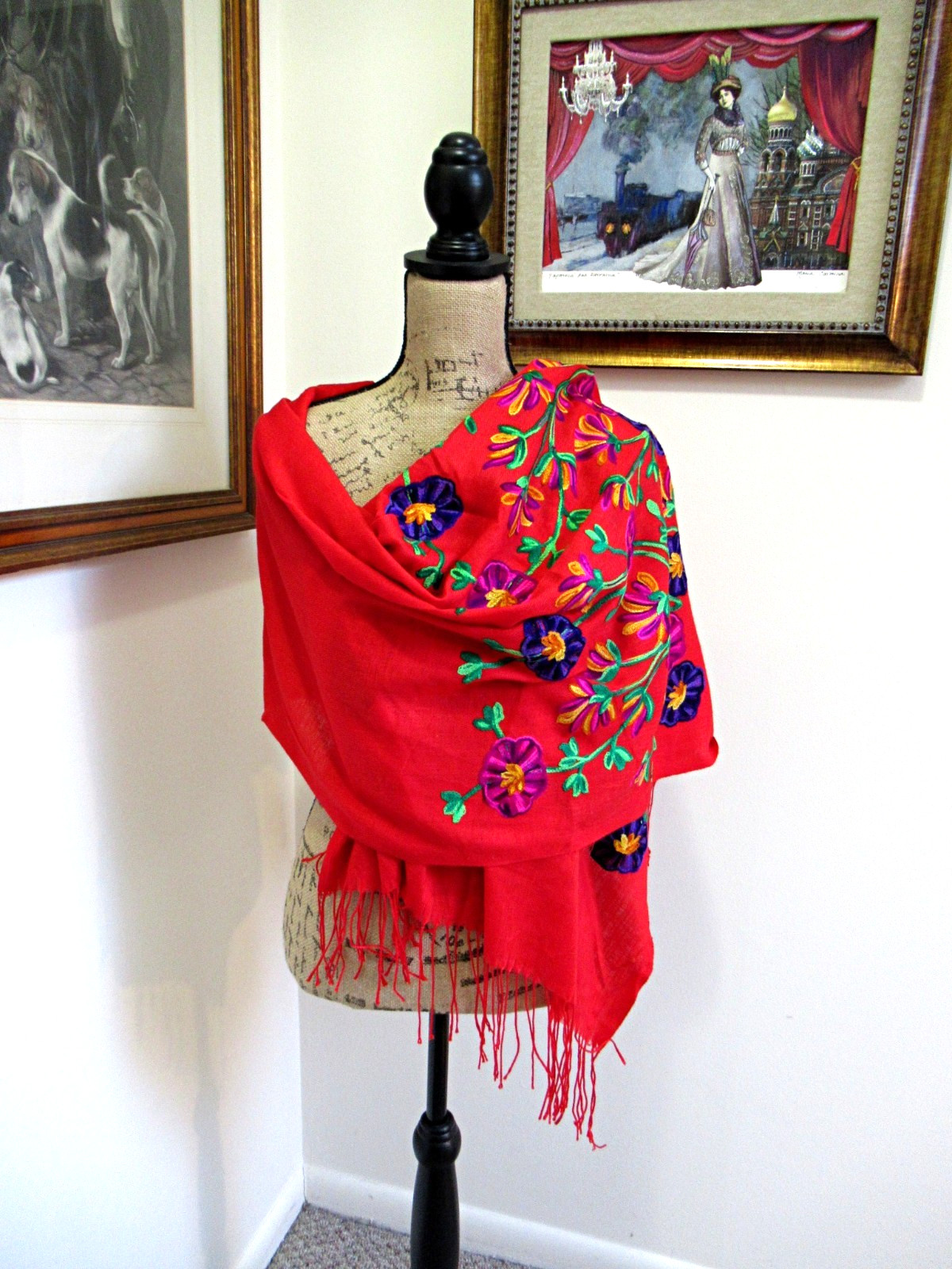 MEXICAN EMBROIDERED SOFT FRINGED SHAWL REBOZO WRAP 76 X 28 – MADE in MEXICO