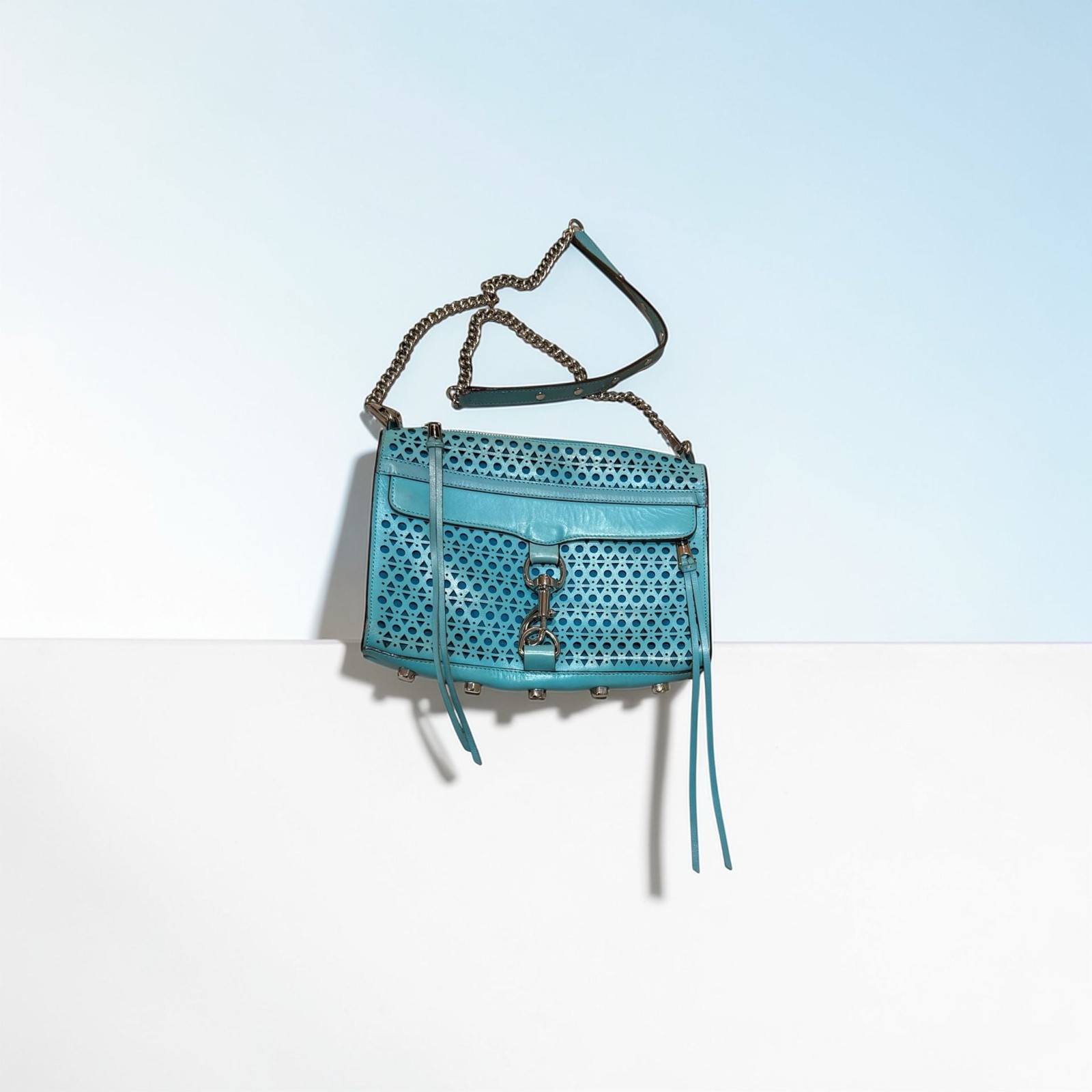 Rebecca Minkoff Perforated MAC Crossbody Bag Teal Blue Leather Chain Strap