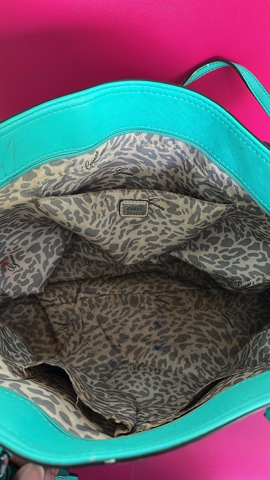 GUESS Turquoise Tote Shoulder Bag Animal Print, Bag Charm, Inner Pockets