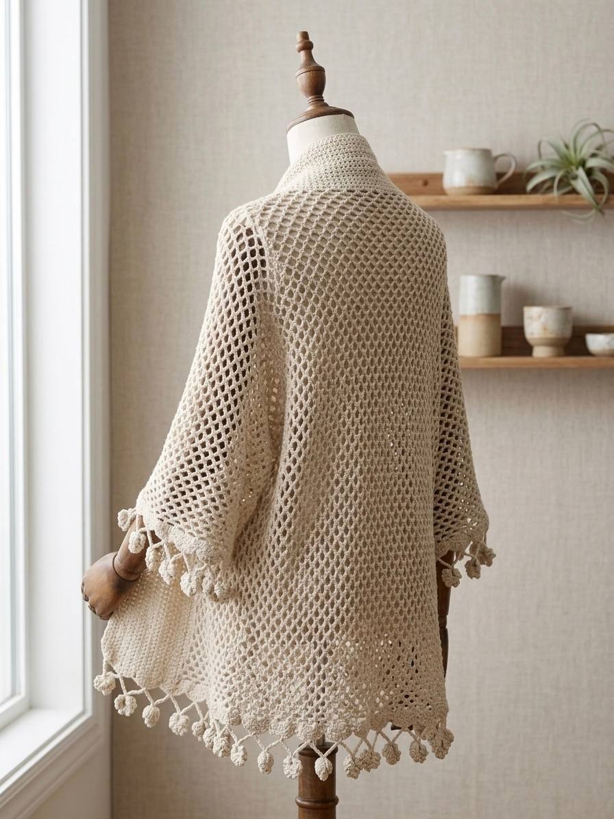 Handmade crochet Shawl Pre Owned Excellent – Color Beige – winter wrap – Long