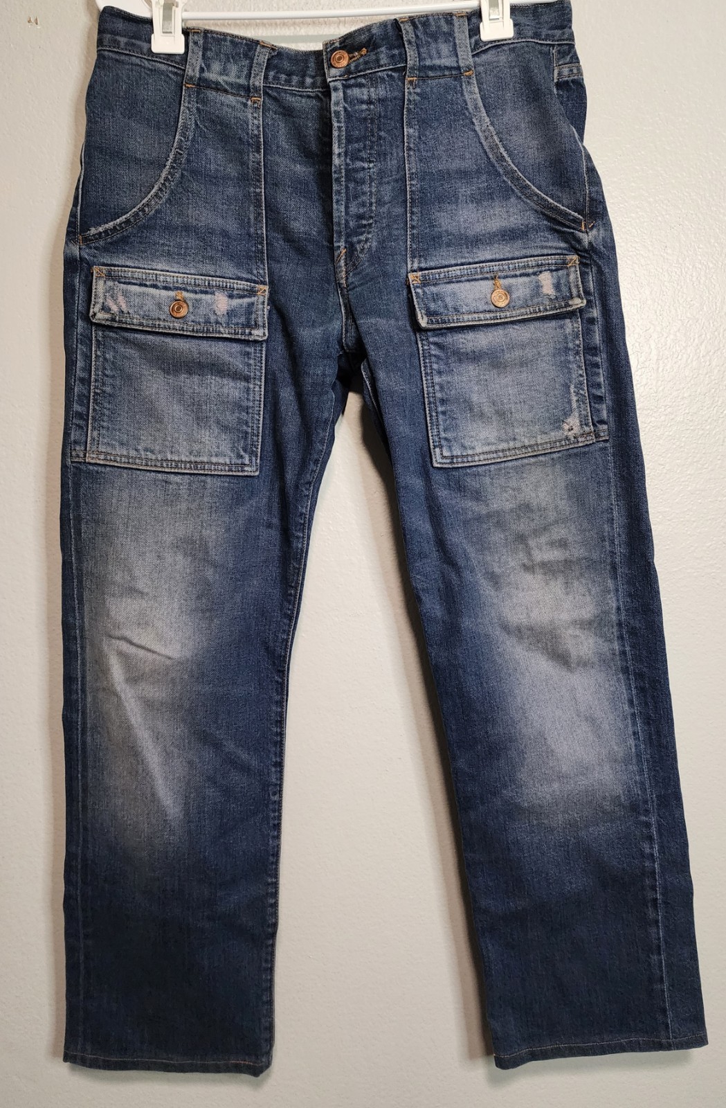 Vince 34×28 Distressed Stone Washed Blue Jeans Front Pocket Cargo Made In Usa