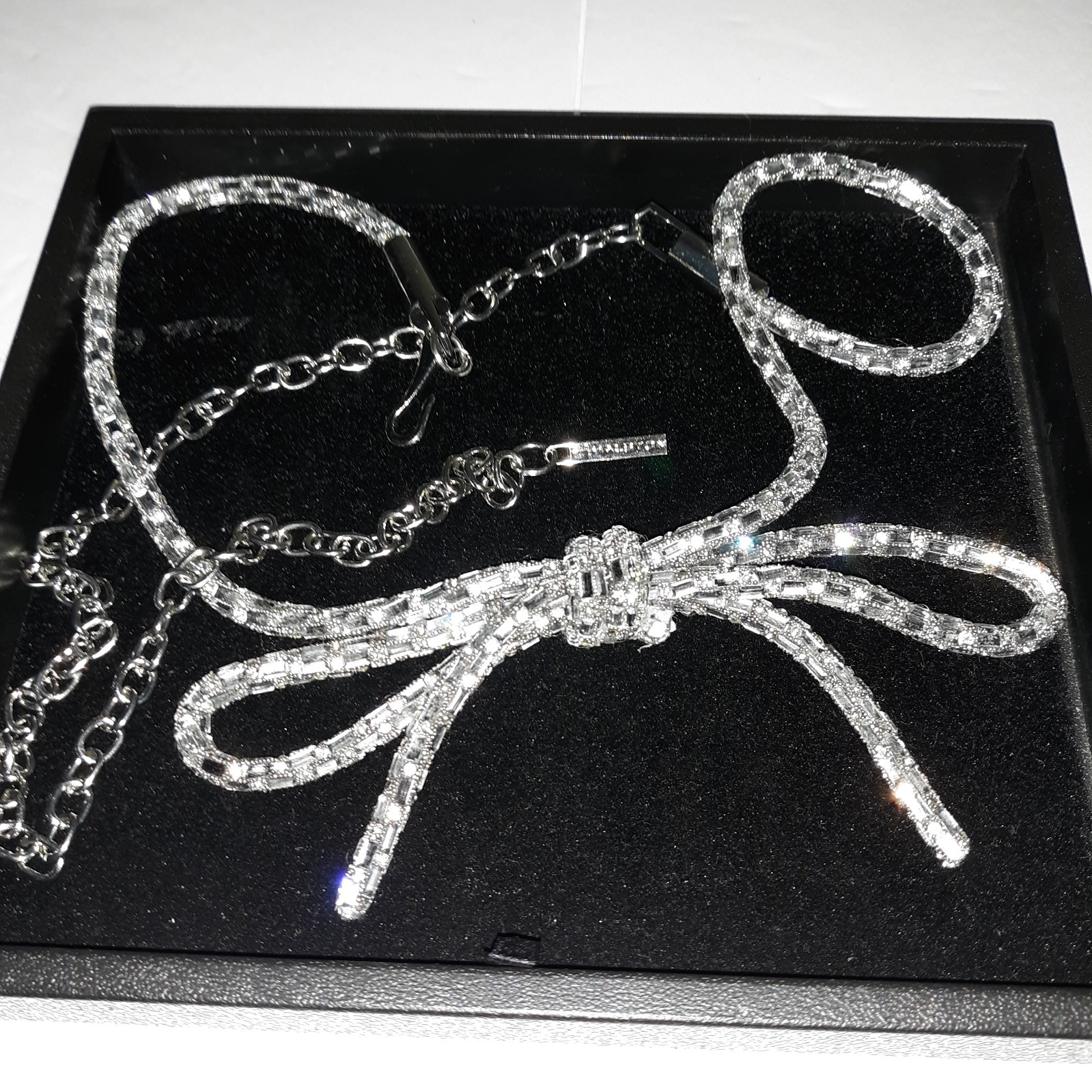 Vtg H By Halston Crystal Belt Sz L W/Bow Adj Clip Chain Clear Stones Slvr Fabric
