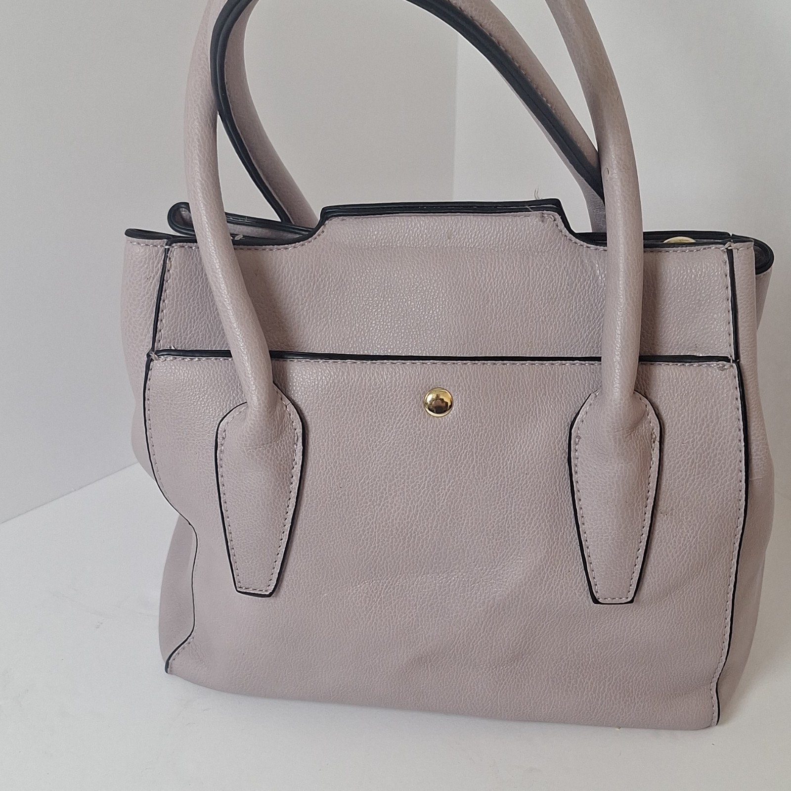 Beige Pebbled Satchel Top Handle Bag Gold Turn Lock Buckle Accent Solid