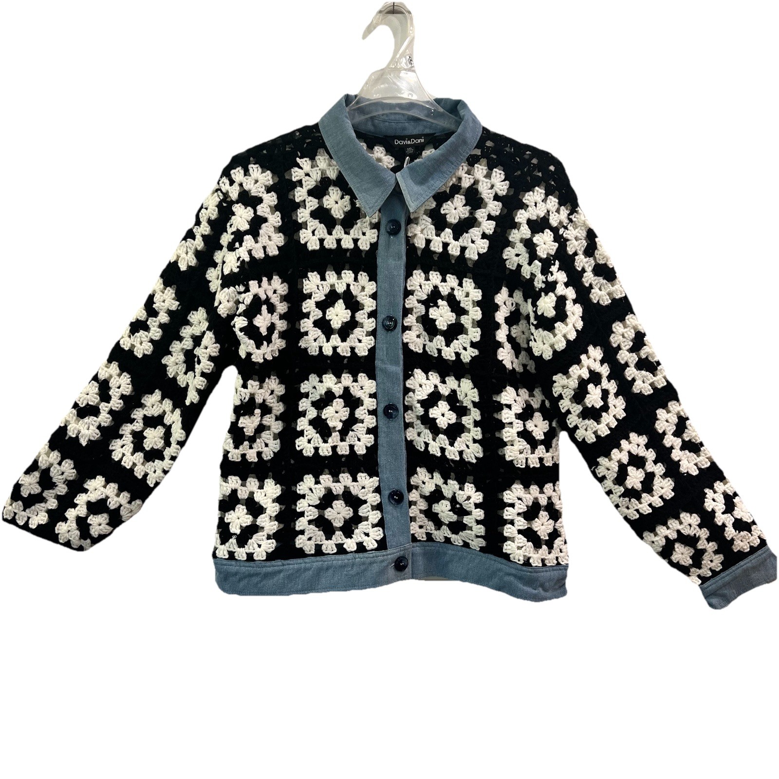Davi & Dani Knit Cardigan Sweater Women 1x Black White Check Granny Square Jean