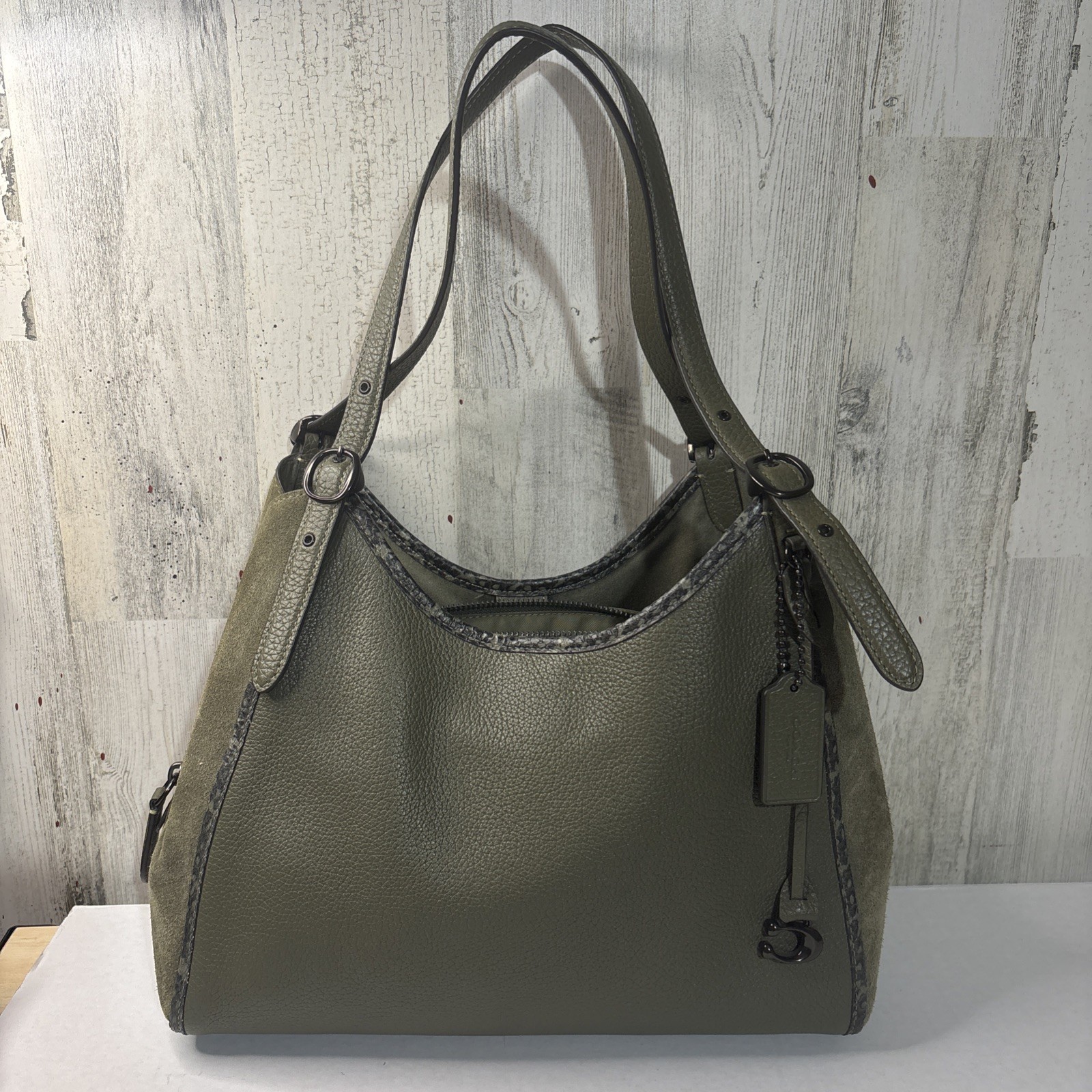 Coach Lori Shoulder Bag Army Green Pebbled Leather/Suede