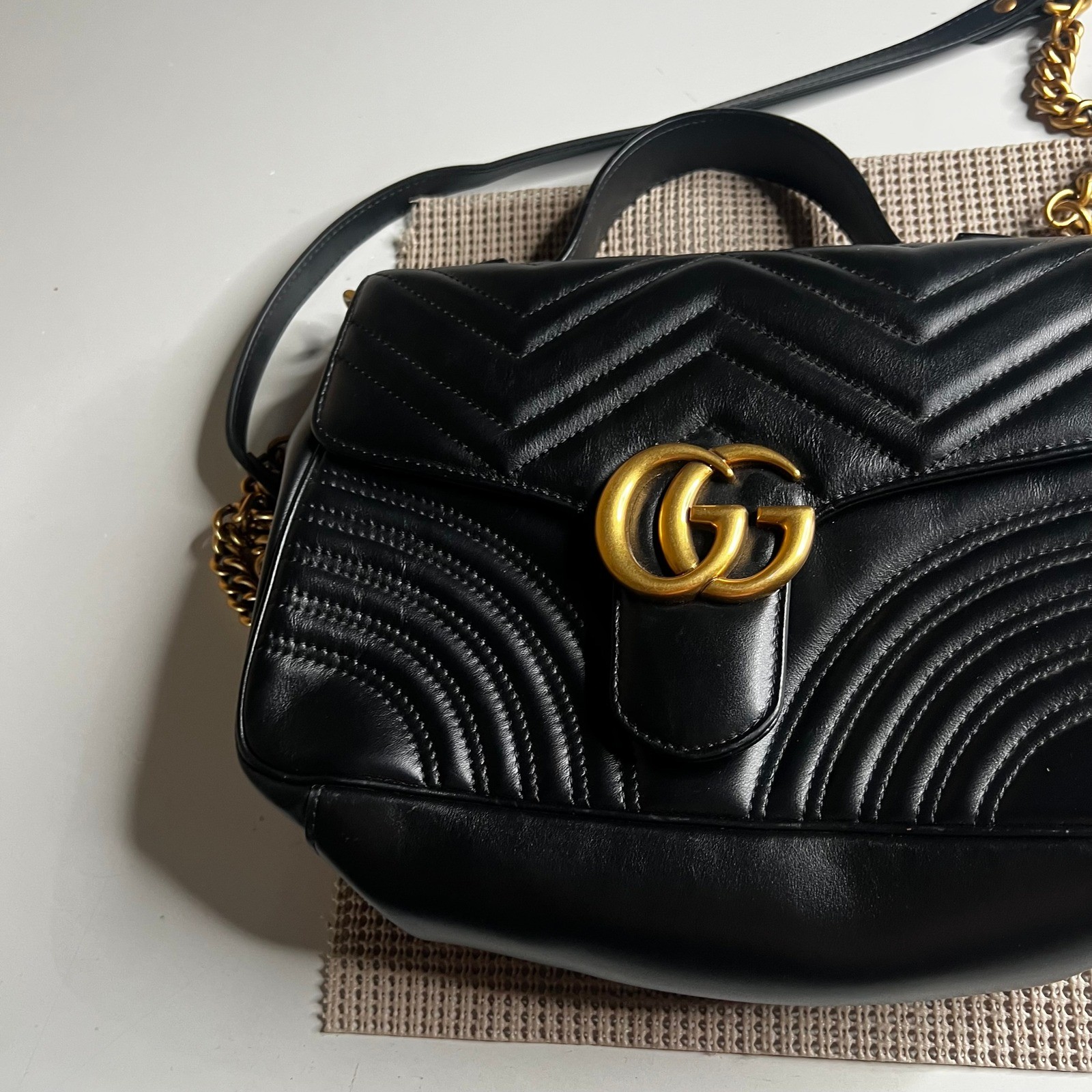 Gucci GG Marmont Matelasse Black Leather Top Handle Bag 498110 Small