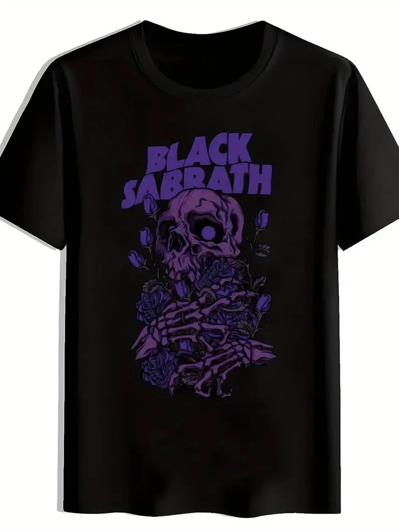 Men’S Black T-Shirt with Purple Skull & Roses Graphic – ” ” Band Design, Casual