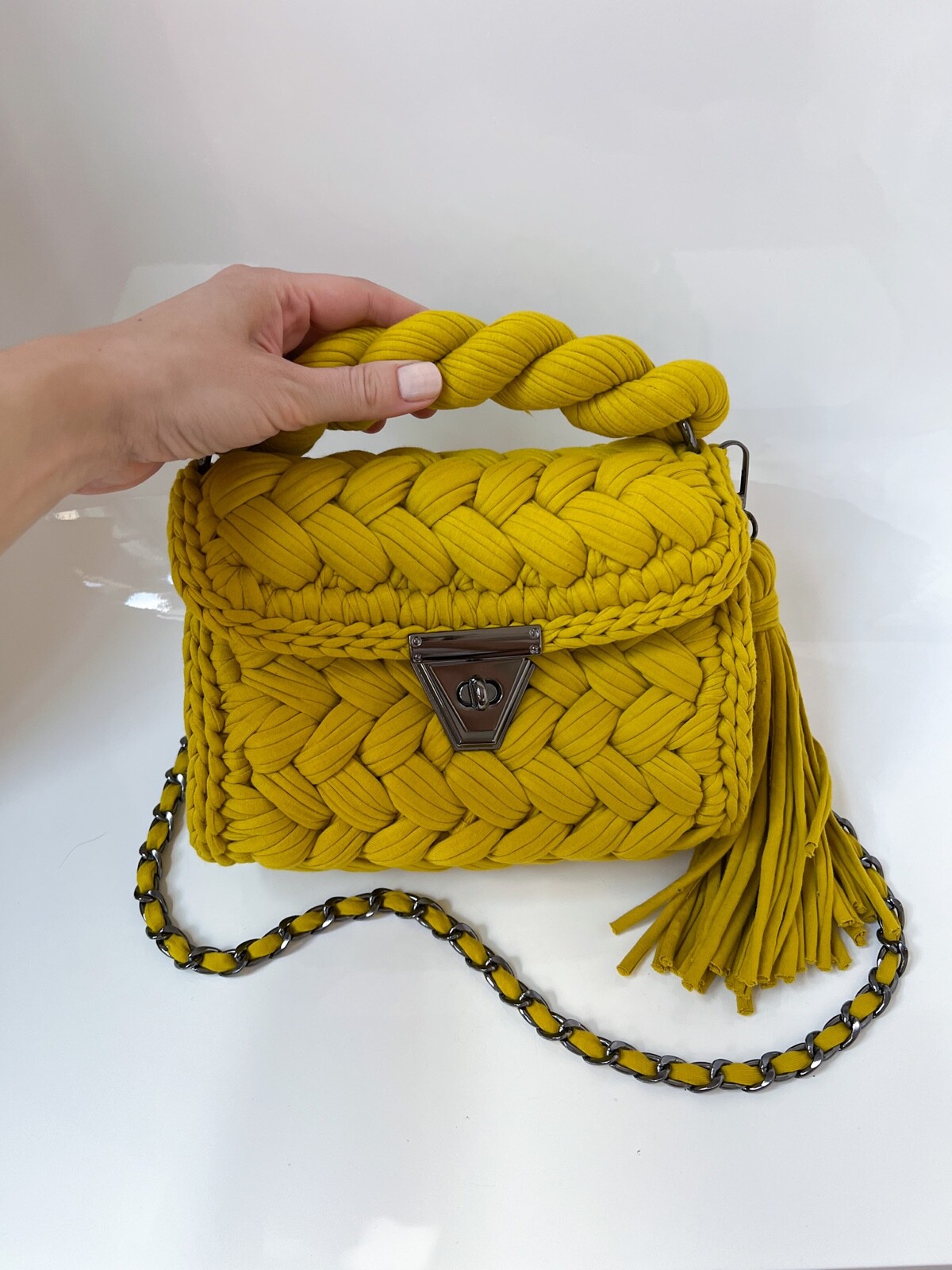 $159 NWOT Handmade Crochet Knitted Luxury Fashion Shoulder Bag Mustard Yellow