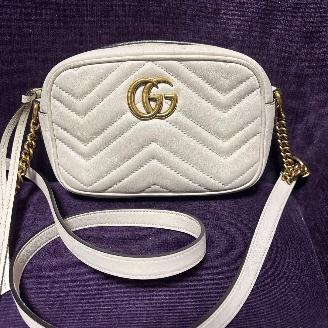 GUCCI GG Marmont White Leather Shoulder Bag Crossbody Chain Purse Matelasse