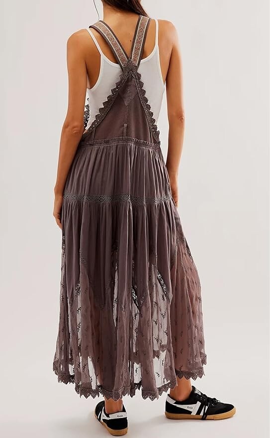 Women’s Laced Embroidered Tulle Bib Dress Casual Loose Adjustable Straps Maxi