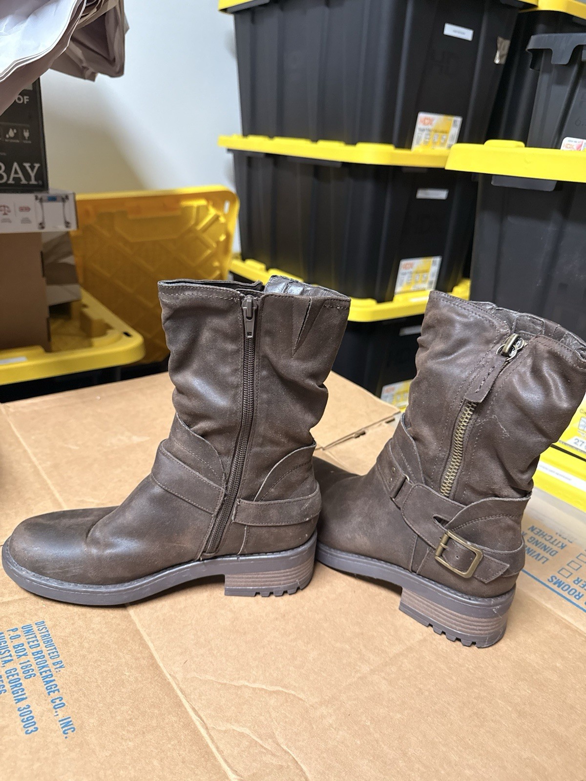 Fergie Women’s Brown Leather Mid-Calf Biker Boots Zip Buckle Round Toe 8