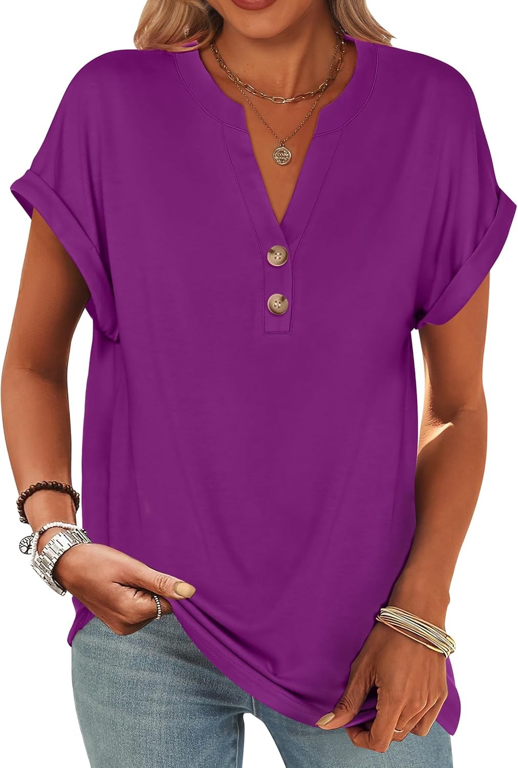 Womens Henley V Neck Short Sleeve Loose Fit Casual Summer Tunic Blouse Top