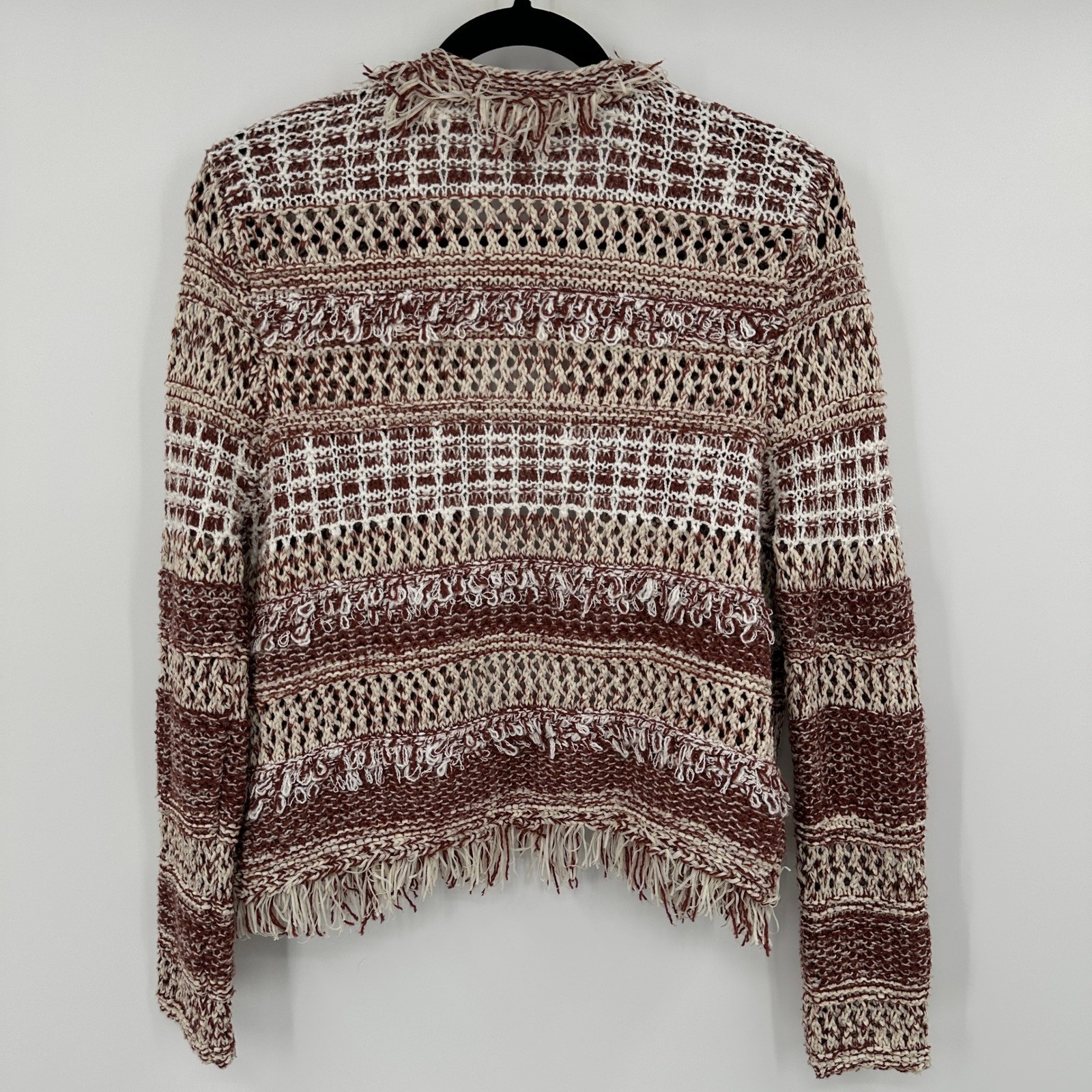 25 South Boho Fringe Open Front Cardigan Sweater Knit Geometric Pattern