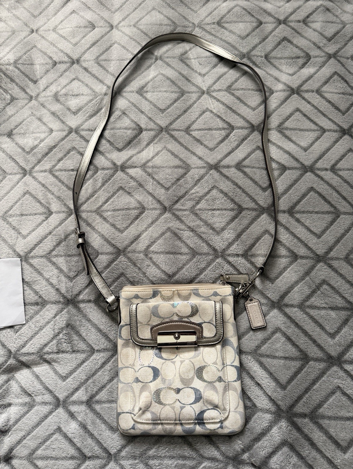 Coach Signature Monogram Small Crossbody Bag Zip Top Adjustable Strap Beige/Blue